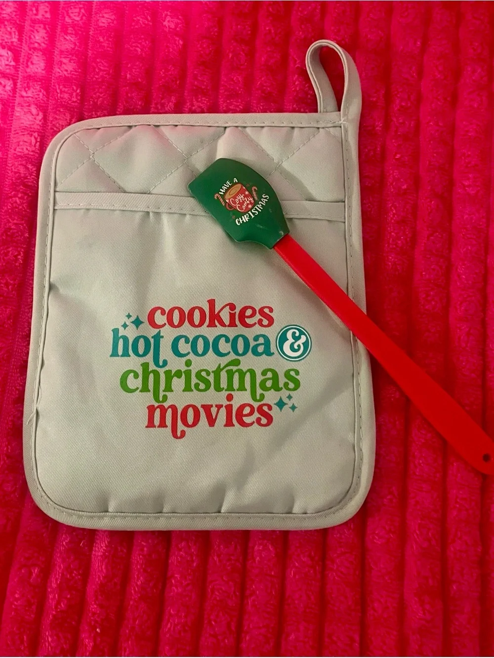 Holiday Pot Holder with Festive Spatula - Cream, Red, Green, Teal